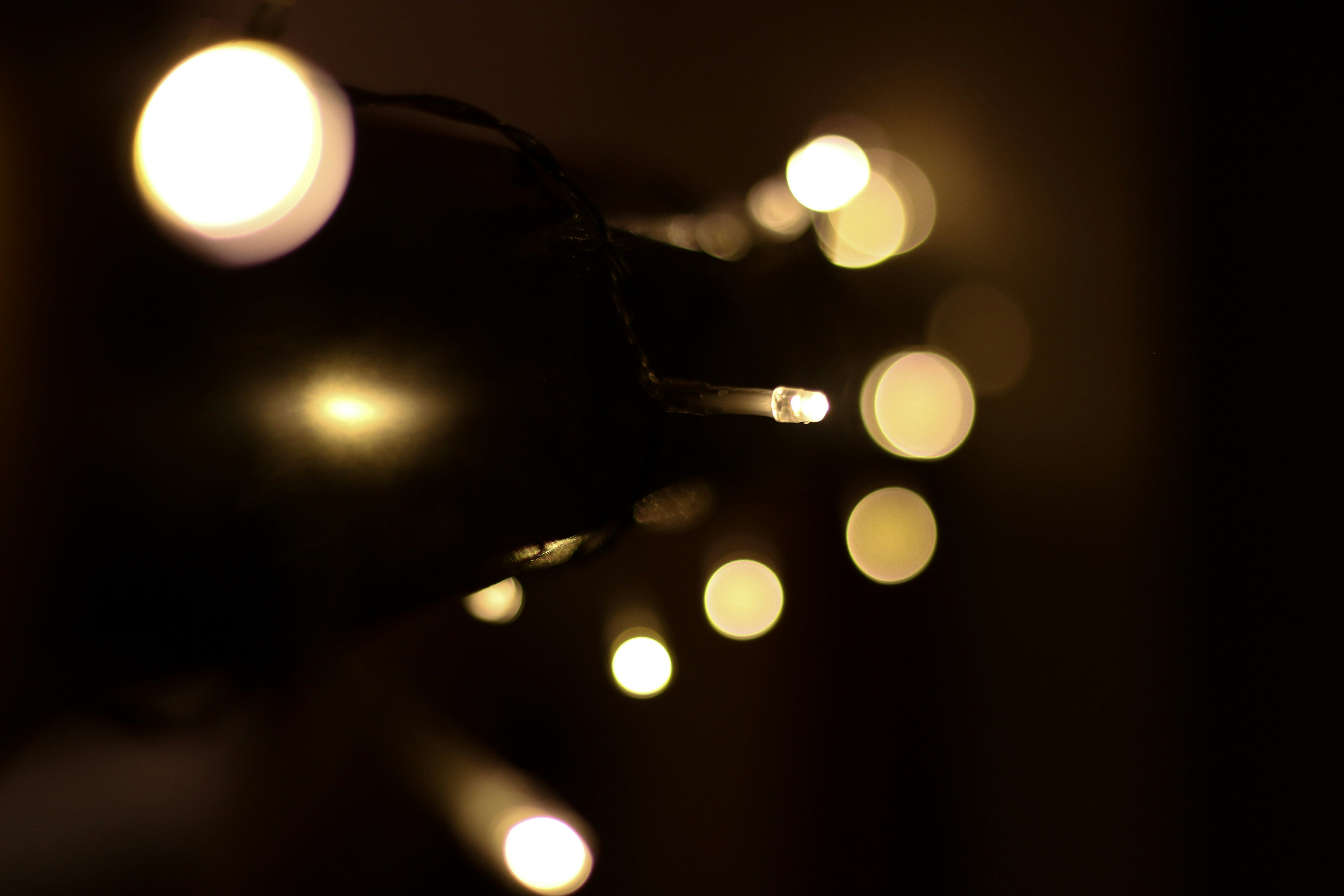 Golden string lights creating warm bokeh effect in darkness