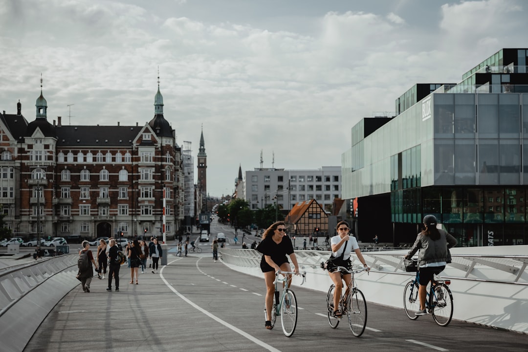 two people biking and other people walking on pathway near buildings under white and blue sky, Copenhagen