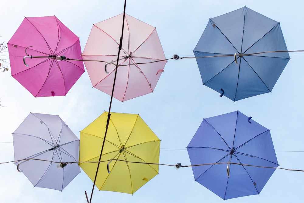 low-angle photography of six umbrellas hanging on cable