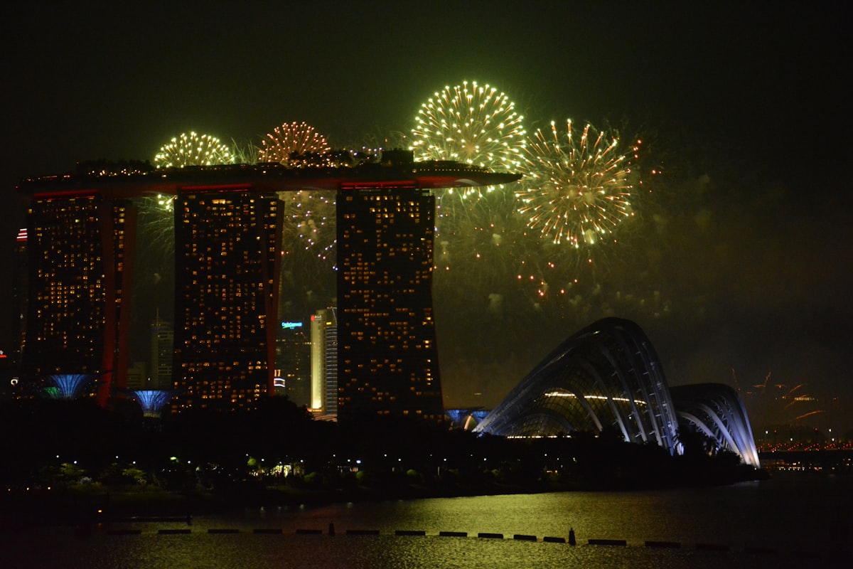 Singapore August — National Day fireworks exploding above Marina Bay Sands from the 2019 parade