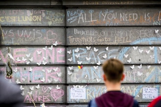 A wall covered with chalk messages and drawings, many of which express themes of peace and unity. Numerous white paper butterflies are attached to the wall, symbolizing hope or remembrance. A person stands in the foreground, facing the wall and taking in the display.