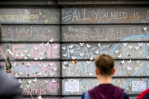 A wall covered with chalk messages and drawings, many of which express themes of peace and unity. Numerous white paper butterflies are attached to the wall, symbolizing hope or remembrance. A person stands in the foreground, facing the wall and taking in the display.