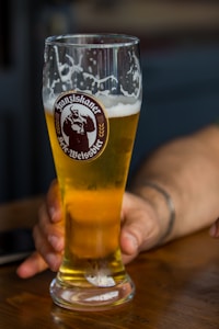 A hand is holding a tall glass filled with golden beer, featuring the label 'Franziskaner Hefe-Weissbier' on the front. The glass has a foamy head with some remnants on the inner sides.