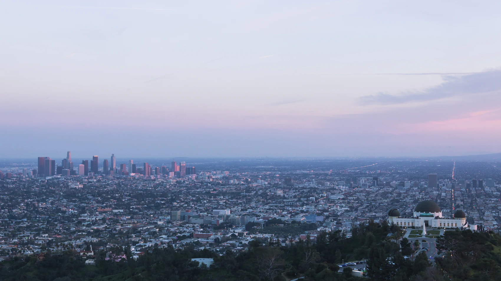The Griffith Observatory looking towards the wide Los Angeles basin and Downtown