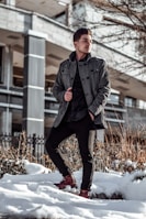 A male model wearing a wool coat walking through a snowy urban street.