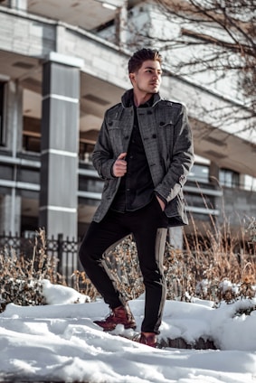 A man confidently walking through a snowy city street wearing a stylish, insulated winter jacket from wearupps.