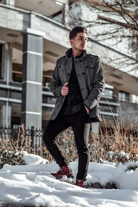 A person stands confidently in a snowy urban setting, dressed in a stylish gray coat, black pants, and brown shoes. The background features a modern building with dark columns and bare trees, suggesting a winter scene.