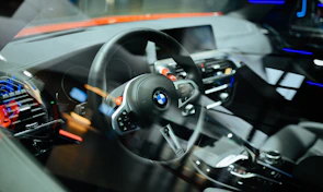 Close-up of a shiny Ford Focus dashboard with modern controls.