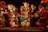 A group of performers dressed in vibrant, festive costumes with large, colorful feathered headdresses. They appear to be engaged in a traditional dance, with some playing musical instruments like drums. The scene is illuminated by stage lighting, enhancing the vividness of their attire.