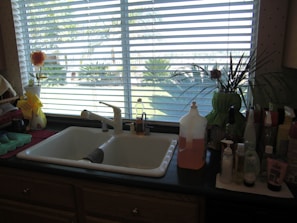 A kitchen sink is centered below a window with horizontal blinds partially open, allowing light to illuminate the area. Various cleaning supplies are arranged around the sink, including dish soap, sponges, and bottles. A small vase with a flower and a potted plant adorn the window ledge, with a view of a garden outside.