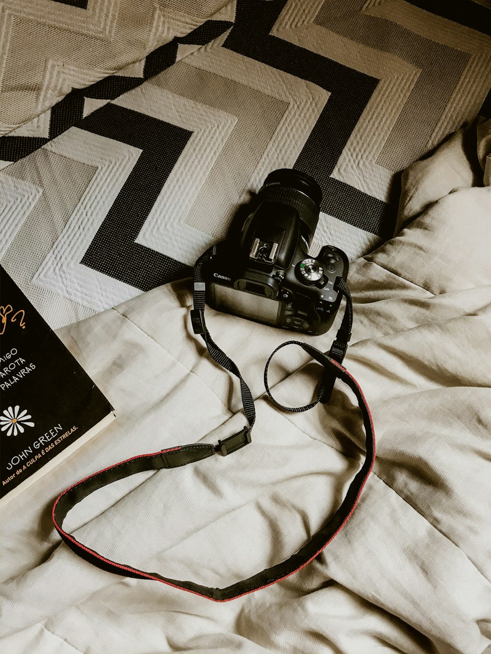 black DSLR camera on bed