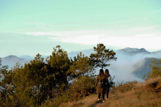 A calm moment of two people walking side by side on a mountain trail.