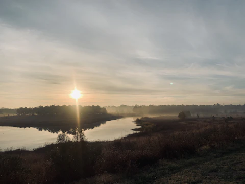 A serene landscape at dawn where a reporter takes notes beside a quiet river.