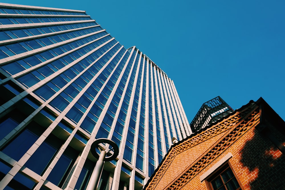 low-angle photography of blue glass walled building during daytime