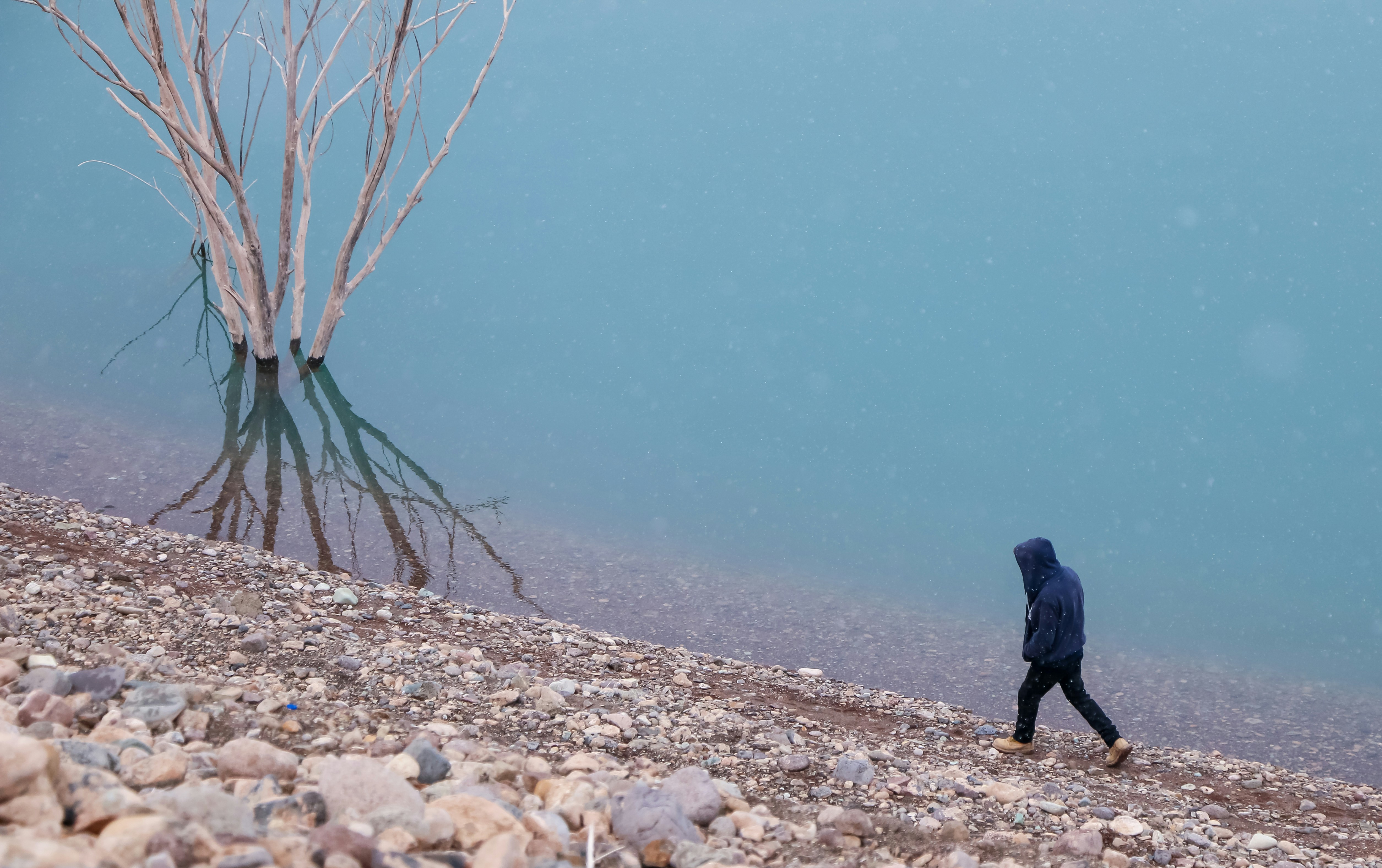 person in black jacket walking beside body of water