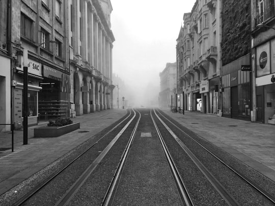 grayscale photo of street in Reims France