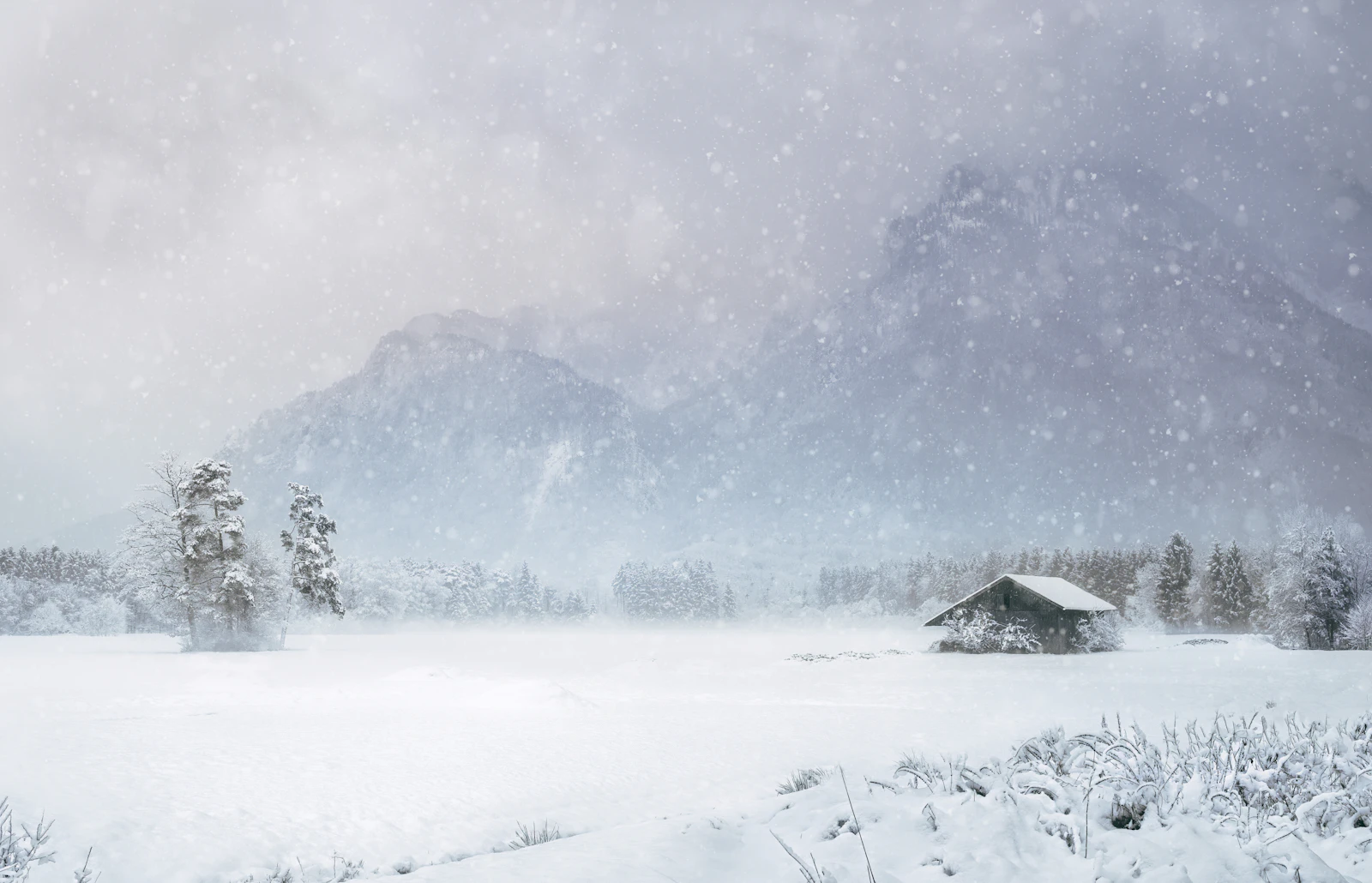 House covered in snow near mountain