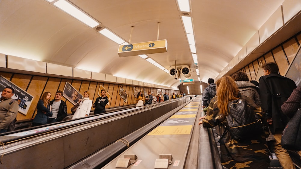 people standing on escalators