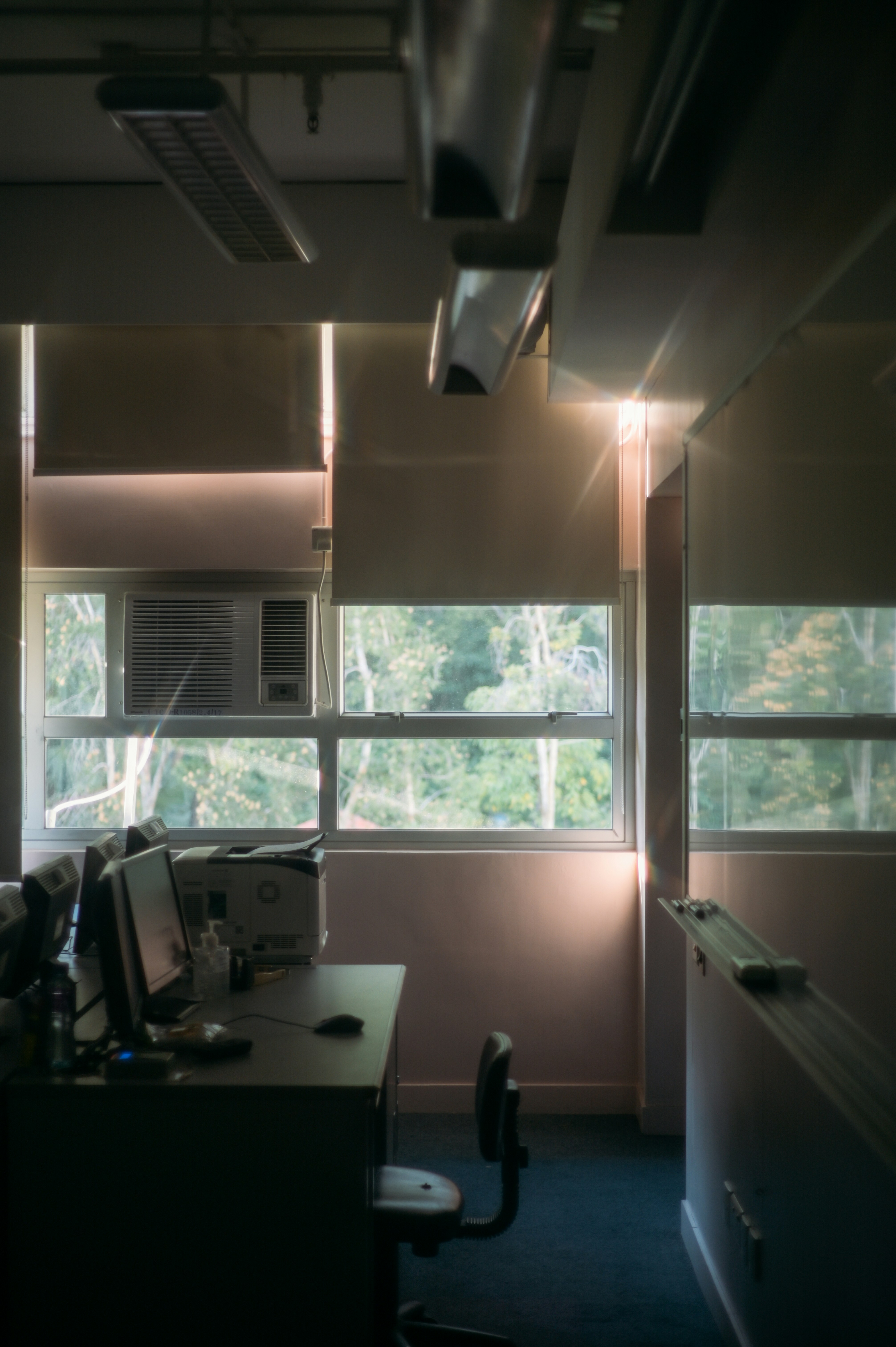 A professional installer applying window film to a large office window