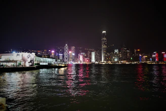 Nighttime view of Manhattan skyline with illuminated skyscrapers reflecting in the Hudson River.