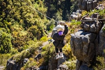A person is zip-lining across a lush, green landscape, surrounded by dense foliage and rocky outcrops. The scene depicts adventure and nature, with the individual wearing a helmet and harness for safety.