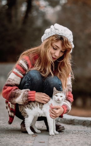 A woman crouches down on a gravel path, wearing a knitted hat and a striped sweater. She is gently petting a white and tabby cat that stands in front of her with its tail up. The setting appears to be outdoors, likely in a park with blurred trees in the background.