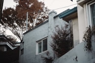 A residential building with light gray brick walls and a chimney is visible. The structure features large windows and has foliage with reddish-brown leaves nearby. Above the building, utility wires are present against a background of a cloudy sky.