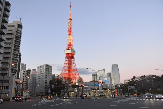 people walking on pathway near buildings and different vehicles on road viewing Eiffel Tower inspired building in Tokyo Tower Japan