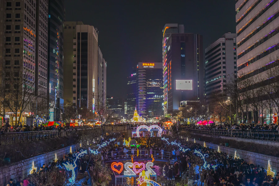 Lanterns reflected on Cheonggyecheon Stream during Seoul's annual lantern festival