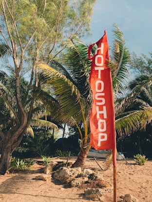 Hot Shop banner surrounded with green trees on beach
