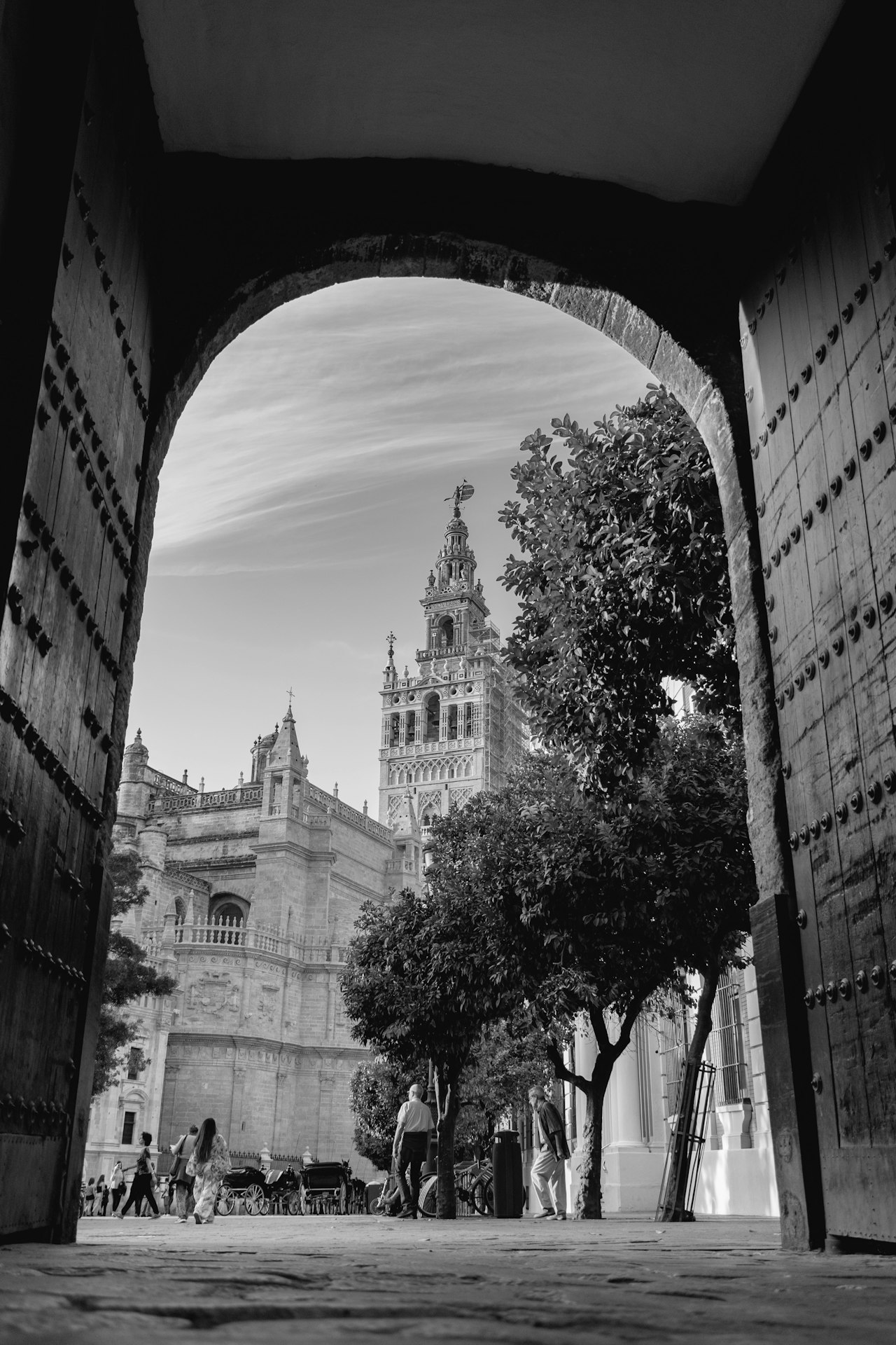 Seville cathedral people, trees, tunnel, and buildings during day