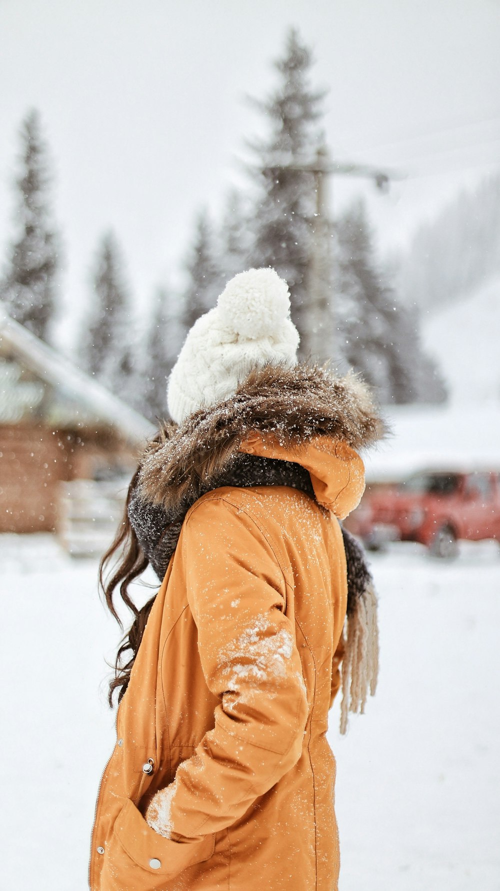 woman wearing brown fur parka coat