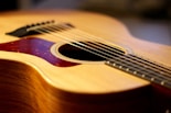 selective focus photography of brown wooden dreadnought acoustic guitar