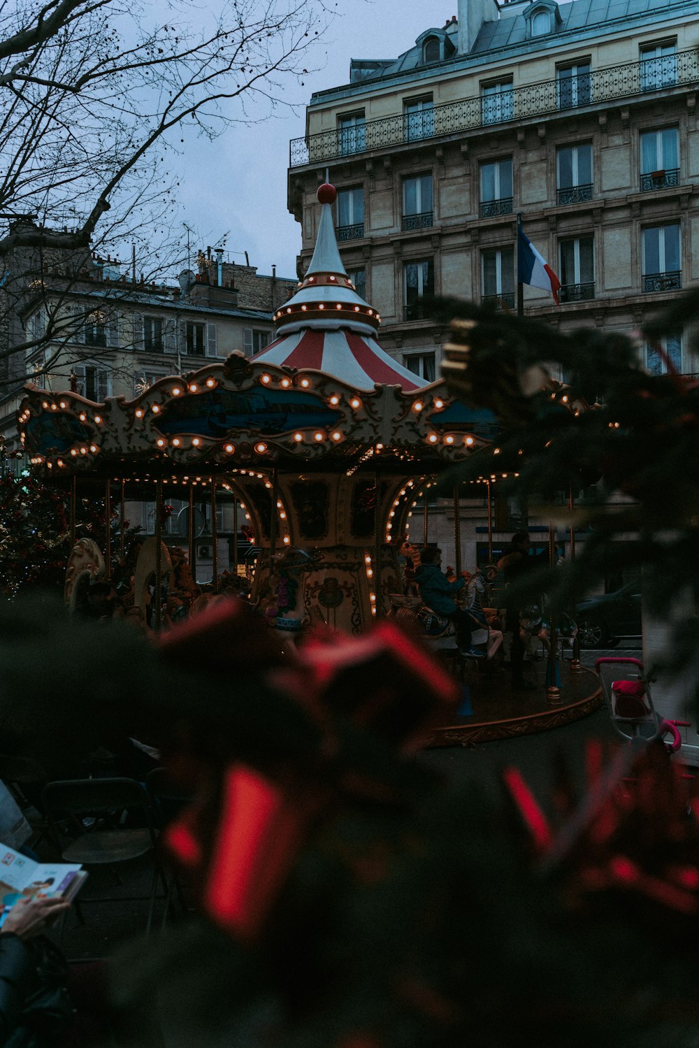 a carousel outside a building