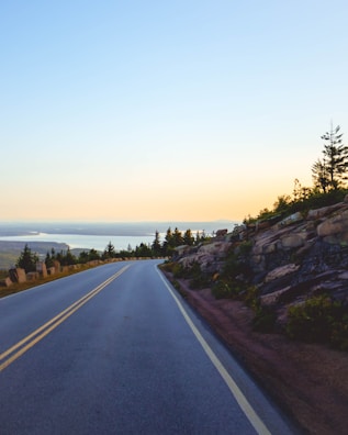 A winding road leads through a mountainous landscape with tall trees lining the sides. The sky is clear, transitioning from light blue to soft orange near the horizon, suggesting either sunrise or sunset. Natural rock formations are visible along the roadside, adding to the scenic view.