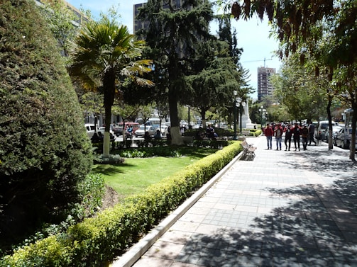 A vibrant street scene in Kharghar with families enjoying a sunny afternoon near lush green parks.