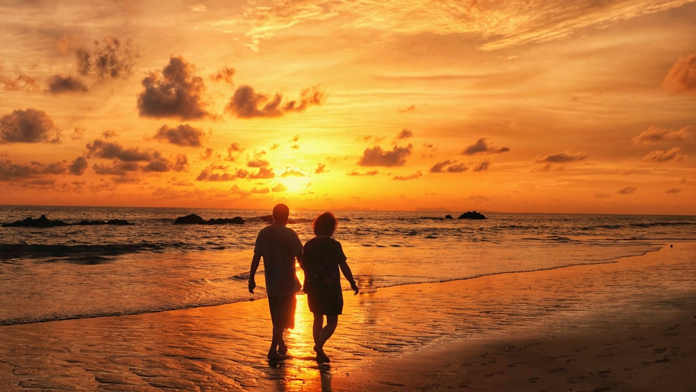 two people walking on seashore during golden hour