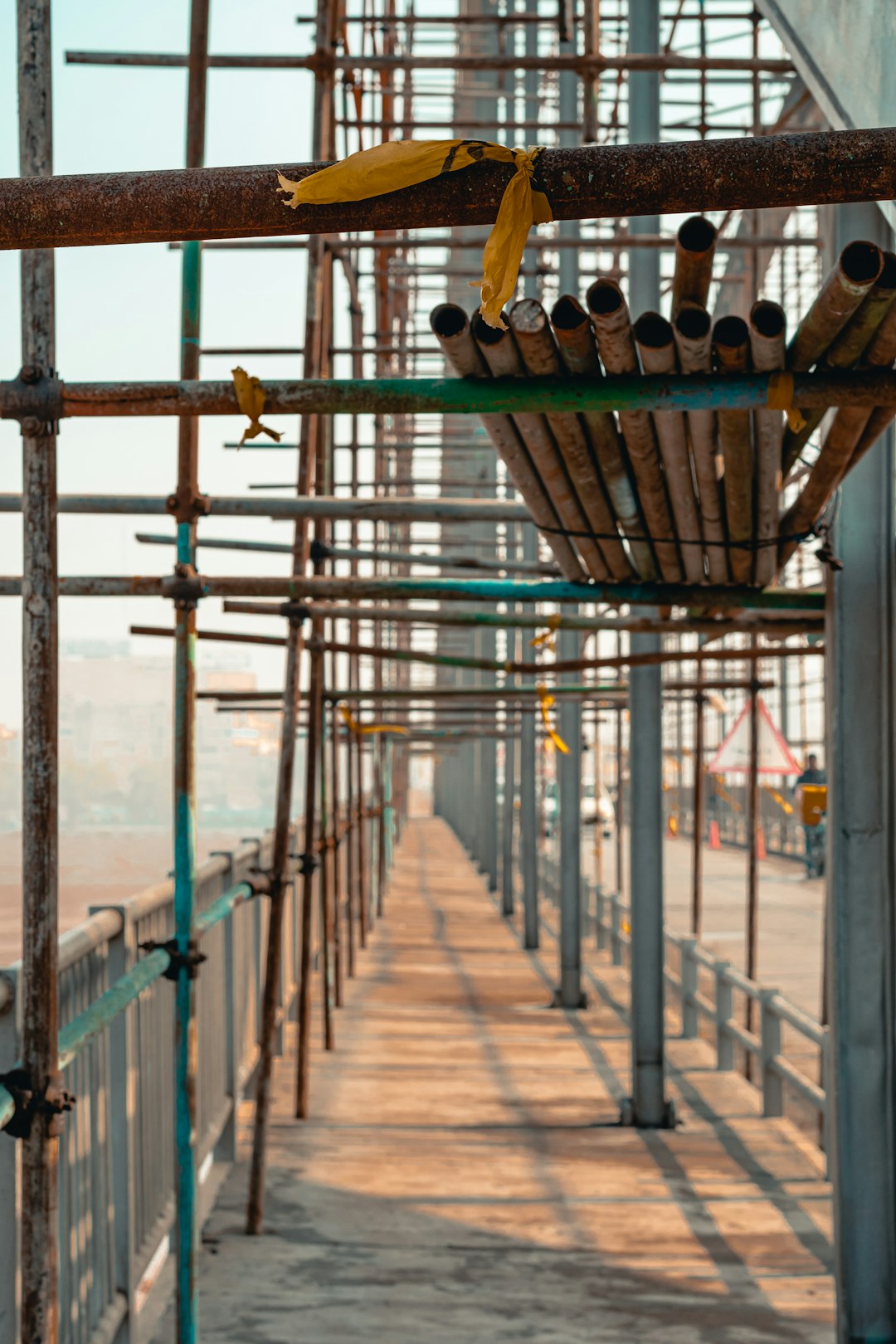 metal pipes on scaffold