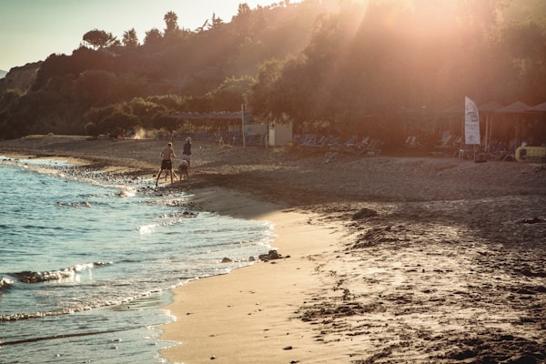 The image depicts a serene beach scene during sunset with a soft golden light illuminating the sandy shore. A few people are walking along the water's edge, and waves gently lap the sand. In the background, there are lush trees and beach amenities, including umbrellas and lounge chairs.