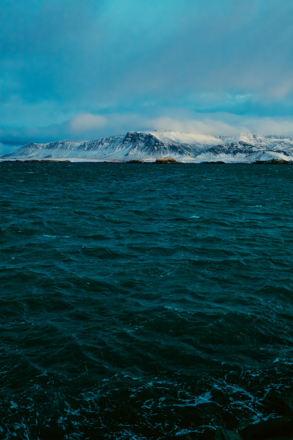 body of water and snow-covered mountains