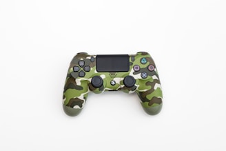 A gaming controller designed with a green camouflage pattern. The controller features various buttons, including analog sticks, a D-pad, and action buttons with recognizable PlayStation symbols. Its sleek design is set against a plain white background.
