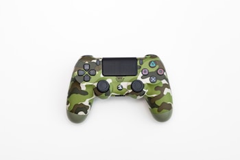 A gaming controller designed with a green camouflage pattern. The controller features various buttons, including analog sticks, a D-pad, and action buttons with recognizable PlayStation symbols. Its sleek design is set against a plain white background.