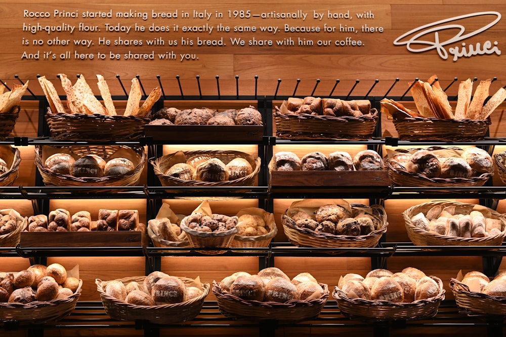assorted bread in wicker baskets