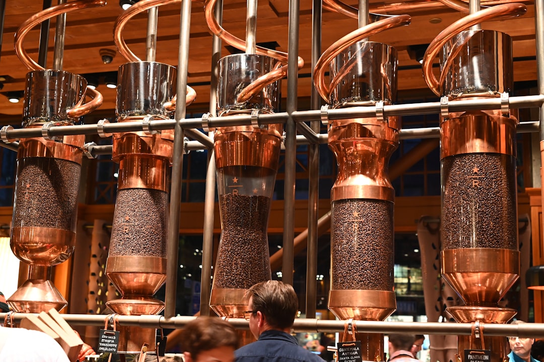copper-colored coffee dispensers,