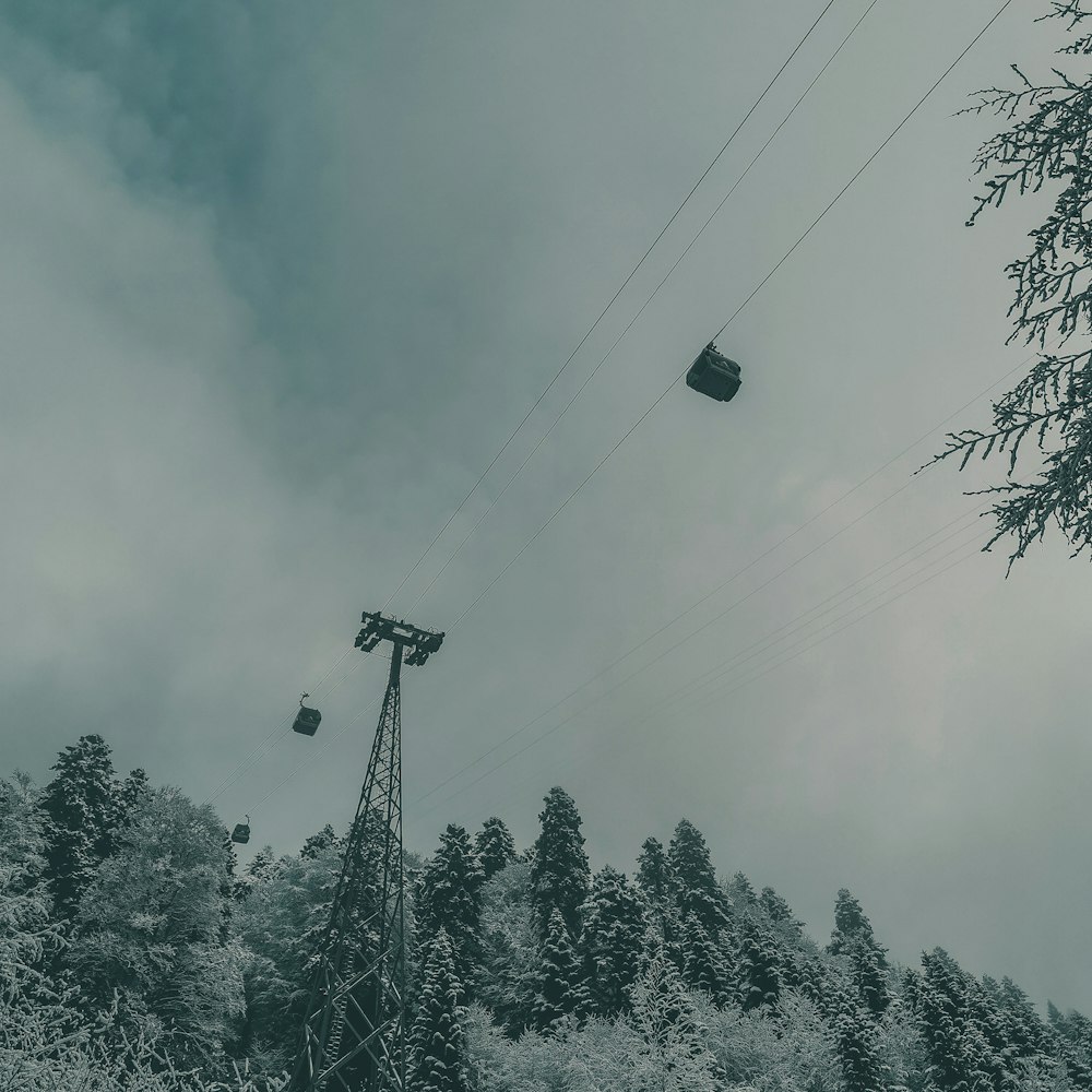 loa-angle photo of cable cars under gray sky