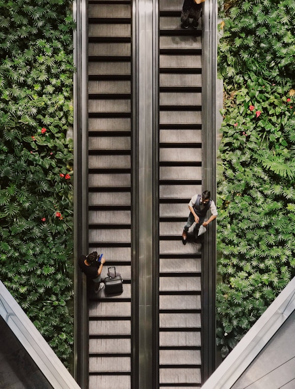 three persons standing on escalatorsby Milly Vueti