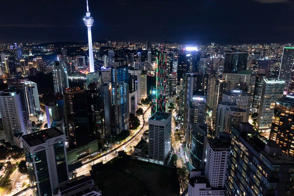 aerial photography of high-rise buildings at night time