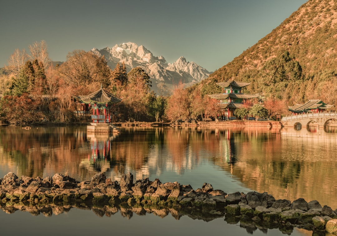 reflection of a pagoda building in body of water during daytime