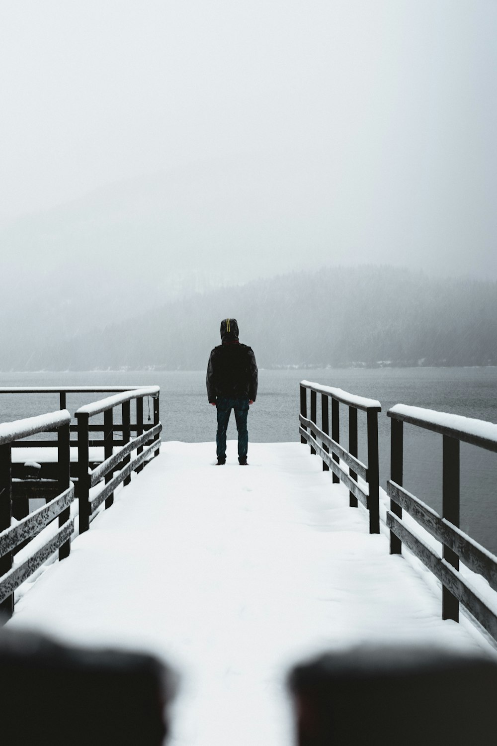man standing on dock during winter