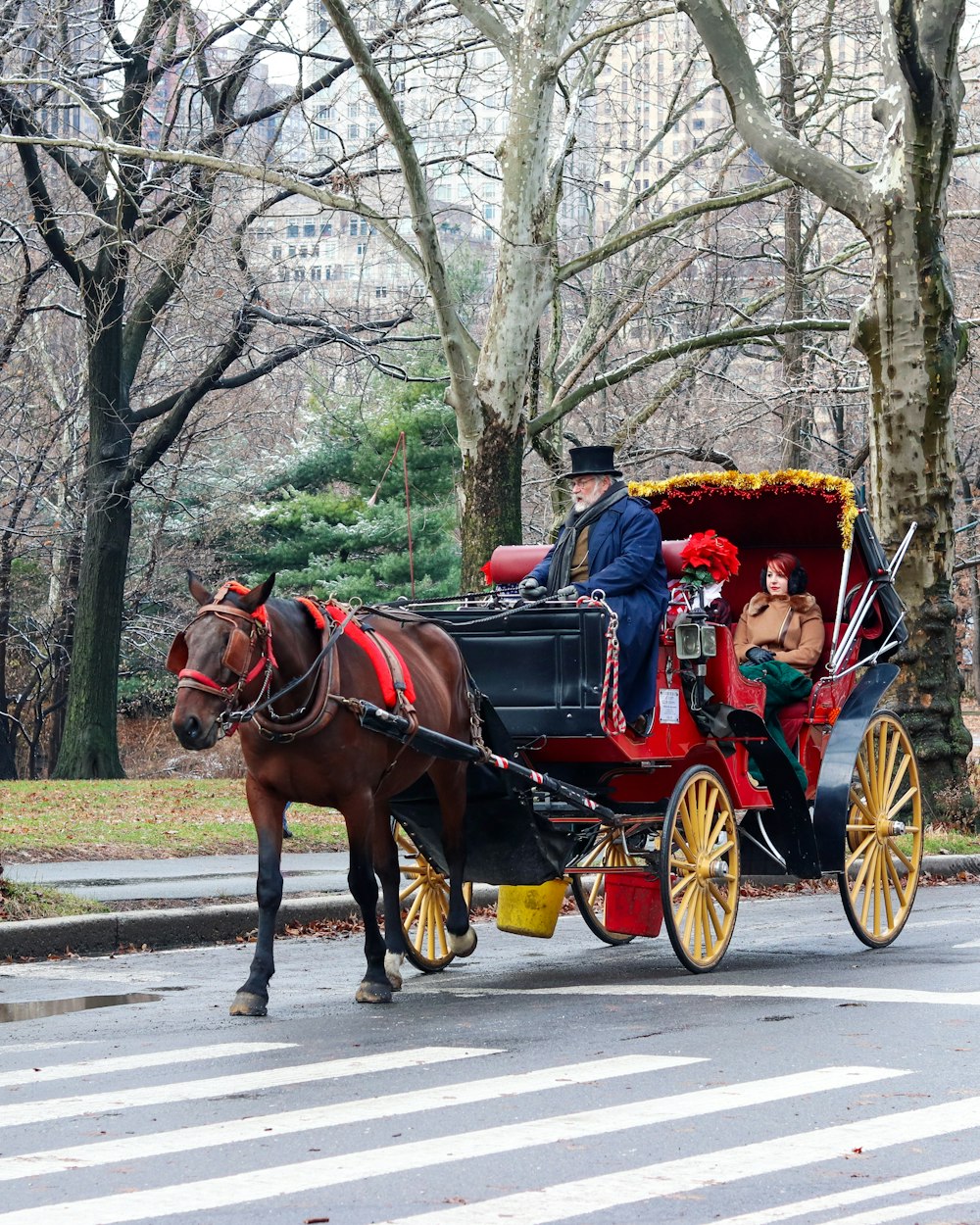 Un carruaje tirado por caballos viajando por una calle